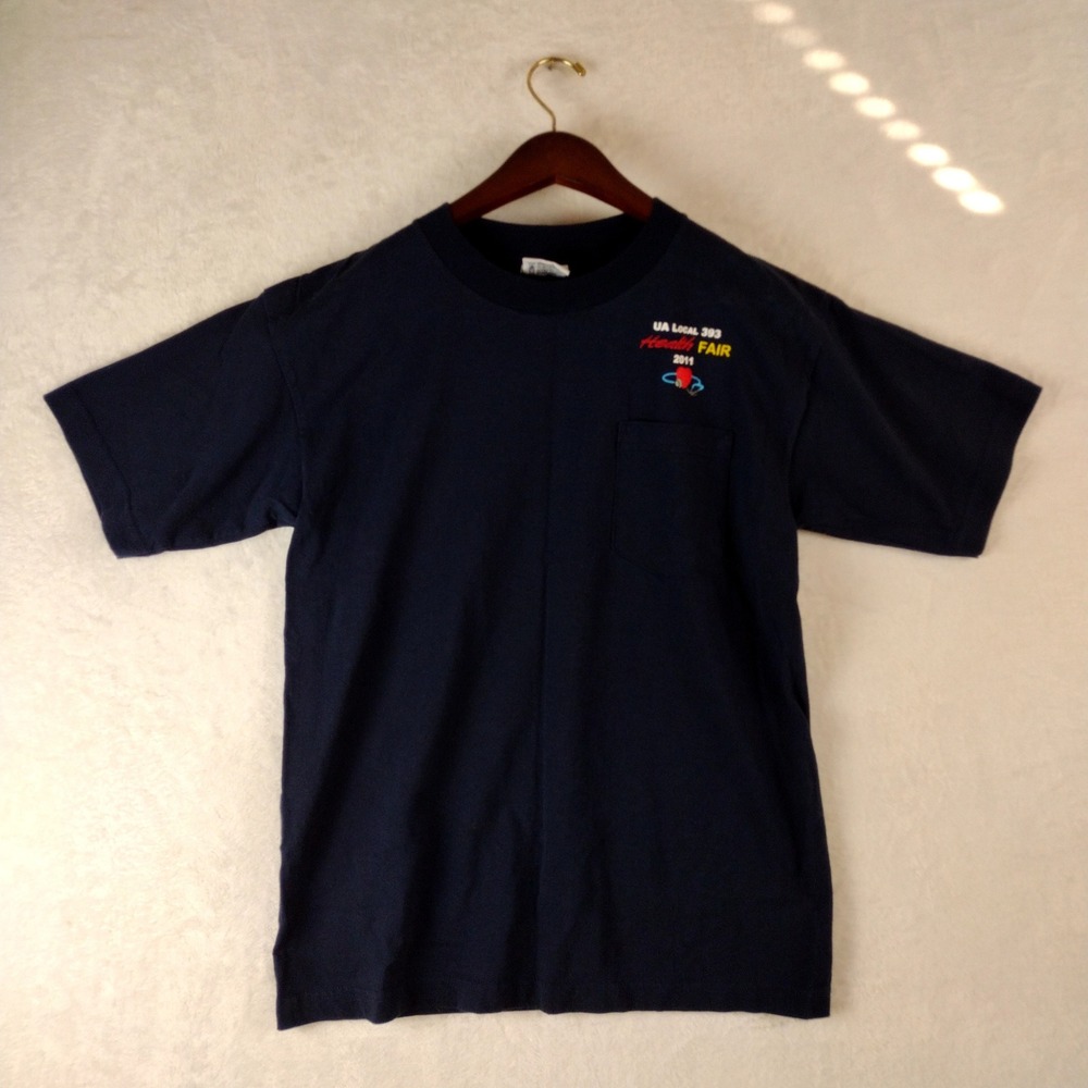 Bayside Heavy Weight Navy Blue Pocket Tee UA Local 393 Health Fair 2011 Medium